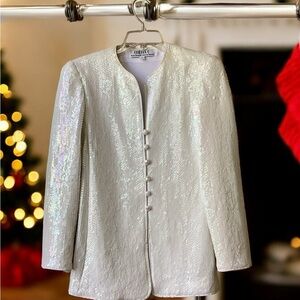 Vintage 90s Chetta B Jacket Top 4 Ivory Button Front Shoulder Pads Sparkly Glam
